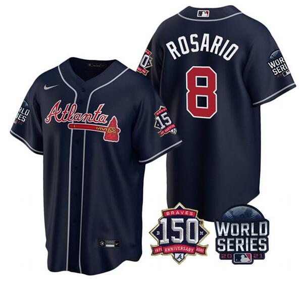 Men's Atlanta Braves #8 Eddie Rosario 2021 Navy World Series With 150th Anniversary Patch Cool Base Stitched Jersey Men's Atlanta Braves #8 Eddie Rosario 2021 Navy World Series With 150th Anniversary Patch Cool Base Stitched Jersey
